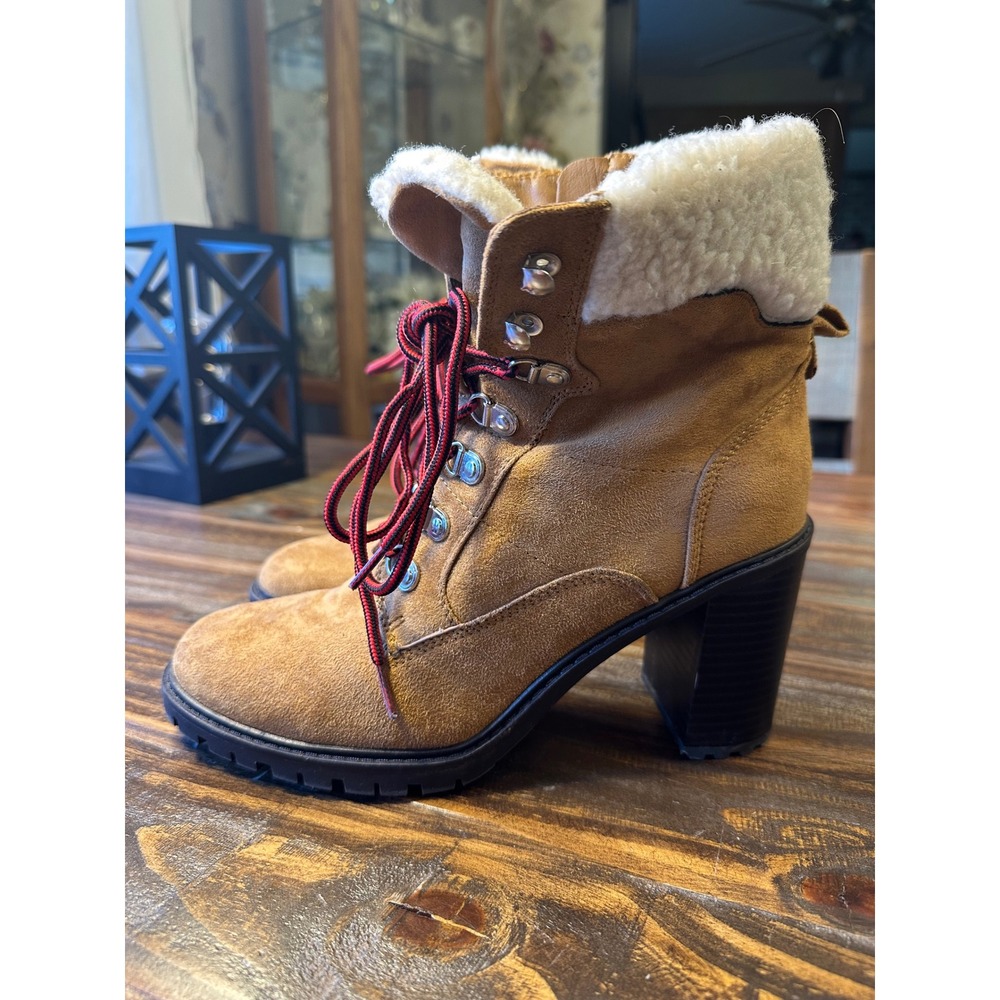 Nine West Heeled Work Boot Tan Suede Sherpa Lined Women 8.5‎ W Zip & Lace